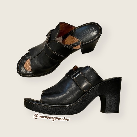 Born Black Real Leather Platform Mules Clogs Buckle Everyday Fashion Cute Heels - Picture 2 of 10